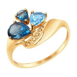 Кольцо из золота с голубым и синими топазами и фианитами
